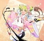  1girl absurdres bandaid bandaid_on_leg bell blush_stickers calligraphy_brush curly_hair detached_wings double_bun fang floral_print floral_print_kimono gondola_(meme) gradient_hair green_hair hagoita hair_bun hair_ornament happy happy_new_year hifu highres holding holding_paddle ink japanese_clothes jingle_bell kimono long_sleeves looking_at_viewer melonenbrot meme multicolored_hair okobo original paddle paintbrush petticoat sandals short_eyebrows short_kimono single_blush_sticker skin_fang tears thick_eyebrows thighhighs wings yellow_eyes 