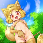  1girl :d absurdres animal_hat arm_behind_back bangs bell blonde_hair blue_sky blush cloud commentary_request commission covering covering_crotch cowboy_shot day eyebrows_visible_through_hair fang flat_chest fox_girl fox_hat fox_tail halter_top halterneck hat highres holding holding_staff looking_at_viewer looking_down moonlight_flower navel open_mouth outdoors ragnarok_online red_eyes reward_available sakurabe_notos second-party_source short_hair skeb_commission skin_fang sky smile solo staff tail tree 
