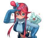  blue_eyes blue_gloves blue_jacket blush cropped_jacket ducklett gen_5_pokemon gloves gym_leader hair_ornament highres jacket midriff one_side_up pokemon pokemon_(game) pokemon_bw ranf red_hair short_hair_with_long_locks sidelocks skyla_(pokemon) thigh_pouch tied_hair turtleneck 