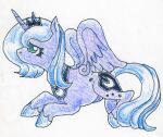 crown equid equine female feral feral_with_hair friendship_is_magic hair hasbro headgear hooves horn long_hair looking_aside lying mammal my_little_pony mythological_creature mythological_equine mythology princess_luna_(mlp) raised_wings solo tail teochronico traditional_media_(artwork) winged_unicorn wings