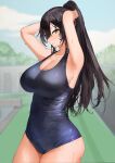  1girl absurdres adjusting_hair armpits arms_behind_head arms_up bare_shoulders black_hair blurry blush breasts cowboy_shot depth_of_field hair_between_eyes highres idolmaster idolmaster_shiny_colors large_breasts long_hair looking_at_viewer mikohachi old_school_swimsuit one-piece_swimsuit ponytail school_swimsuit shirase_sakuya smile solo swimsuit yellow_eyes 