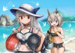  2girls absurdres animal_ears arknights bag bangs bare_shoulders beach bikini black_bikini black_choker bracelet breasts buchi0122 carrying_under_arm choker cleavage collar collarbone commentary day flower grani_(arknights) hair_between_eyes hair_flower hair_ornament handbag highres hip_vent horse_ears horse_girl horse_tail infection_monitor_(arknights) inflatable_orca inflatable_toy jewelry long_hair medium_breasts multiple_girls navel off-shoulder_shirt off_shoulder official_alternate_costume open_mouth outdoors ponytail purple_eyes red_eyes shirt silver_hair skadi_(arknights) skadi_(waverider)_(arknights) sky stomach swimsuit tail white_flower 