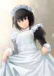  1girl alternate_costume amagami apron black_dress black_hair dress enmaided frilled_apron frills highres maid maid_apron maid_headdress nanasaki_ai short_hair skirt_hold solo waist_apron white_apron ykh1028 