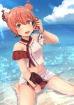  1girl beach blue_sky brown_eyes brown_hair bun_cover can can_to_cheek chinese_clothes cloud commentary day double_bun highres kantai_collection ocean official_alternate_costume outdoors product_placement remodel_(kantai_collection) short_hair sitting sky soda_can solo swimsuit tan_yang_(kancolle) tsukemon wariza yukikaze_(kancolle) 
