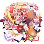  1girl bacon bell burger coffee dress fangs fate/grand_order fate_(series) food french_fries highres ketchup lostroom_outfit_(fate) mini_flag mustard neck_bell one_eye_closed pancake parfait pink_hair roller_skates skates striped striped_dress sugar_cube tamamo_(fate) tamamo_cat_(fate) tetsu_(teppei) thighhighs tray 