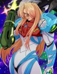  1girl abstract_background absurdres andoryuanzuru arm_cannon armor blonde_hair blue_eyes blurry depth_of_field e.m.m.i._(metroid) frown furrowed_brow hair_over_one_eye highres long_hair metroid metroid_dread power_suit samus_aran shoulder_armor weapon 