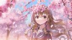  1girl aisaka_taiga artist_name bangs brown_eyes brown_hair day floating_hair flower haneru long_hair outdoors petals school_uniform serafuku sky solo spring_(season) tiger tiger_cub toradora! tree 