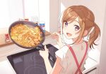  1girl :d apron bangs brown_hair chopsticks cooking food frying_pan hechima_(issindotai) highres holding holding_chopsticks indoors long_hair looking_at_viewer looking_back noodles open_mouth original ponytail purple_eyes red_apron shirt short_sleeves smile solo standing stove white_shirt 
