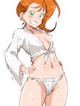  1girl 9rimson blush breasts cleavage close-up collarbone commentary cowboy_shot fundoshi green_eyes grin hair_strand hands_on_hips highres japanese_clothes long_hair long_sleeves midriff natsuumi_manatsu navel no_bra open_clothes open_shirt orange_hair precure shiny shiny_hair shiny_skin shirt side_ponytail sideboob simple_background sketch small_breasts smile solo stomach sweat thighs tied_shirt tropical-rouge!_precure white_background white_shirt yamakasa 