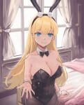  1girl absurdres animal_ears azur_lane bed black_leotard black_neckwear blonde_hair blue_eyes bow bowtie breasts cleavage commentary_request highres indoors large_breasts leotard long_hair looking_at_viewer north_carolina_(azur_lane) north_carolina_(the_heart&#039;s_desire)_(azur_lane) official_alternate_costume pantyhose playboy_bunny rabbit_ears rabbit_tail solo tail window wrist_cuffs yinghuahua 