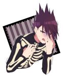  1boy bangs commentary_request cropped_torso danganronpa_(series) danganronpa_v3:_killing_harmony facial_hair goatee grey_background halloween_costume hand_up long_sleeves looking_at_viewer male_focus momota_kaito multicolored multicolored_background nagi_to_(kennkenn) open_mouth purple_hair scared skeleton_print spiked_hair sweat trembling white_background 