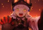 1girl absurdres bangs blunt_bangs blush coat eyebrows_visible_through_hair facial_mark fire gas_mask girls&#039;_frontline gloves goggles goggles_on_headwear green_eyes guchagucha helmet highres hk416_(fang)_(girls&#039;_frontline) hk416_(girls&#039;_frontline) holding_hands mask mask_around_neck pov red_gloves silver_hair solo tom_clancy&#039;s_the_division upper_teeth white_coat yandere 