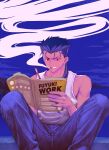  1boy absurdres angry biceps blue_hair book cu_chulainn_(fate) cu_chulainn_(fate/stay_night) denim fate/stay_night fate_(series) highres holding holding_book huge_filesize jeans long_hair male_focus moto_(otemoto02) muscular muscular_male outdoors pants ponytail red_eyes sky smoke smoking solo spiked_hair squatting tank_top white_tank_top writing 