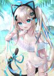  1girl :d ahoge animal_ears bare_shoulders bikini blonde_hair blue_eyes blue_hair blush cat_ear_headphones cat_ears cat_hair_ornament cat_tail collarbone commentary_request day fake_animal_ears frilled_bikini frills hair_ornament hand_up headphones highleg highleg_bikini indie_virtual_youtuber layered_skirt long_hair looking_at_viewer multicolored_hair navel off-shoulder_bikini off_shoulder open_mouth outdoors signature skirt smile solo streaked_hair swimsuit tail twintails uchuuneko uchuuneko_(vtuber) very_long_hair virtual_youtuber water white_bikini x_hair_ornament 