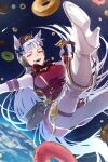  1girl animal_ears bag bangs belt boots doughnut earphones earth_(planet) elbow_gloves floating food gloves gold_ship_(umamusume) hair_ribbon hat high_heels highres horse_ears horse_girl horse_tail leg_belt leg_up long_hair looking_at_viewer meteor open_mouth planet purple_eyes ribbon shirt silver_hair sleeveless sleeveless_shirt smile solo space tail tenni_noboru thighhighs umamusume white_hair white_legwear 