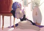  1girl blue_eyes blue_hair blush breasts chair feet flower full_body maid nev_(nevblindarts) nipple_slip nipples re:zero_kara_hajimeru_isekai_seikatsu rem_(re:zero) roswaal_mansion_maid_uniform scenery short_hair sitting smile thighs vase 