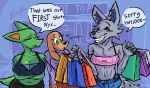 2024 anthro arm_under_breasts bag biscotti5000 black_bottomwear black_clothing black_eyebrows black_lipstick black_nose black_pants blue_bottomwear blue_clothing blue_crop_top blue_shirt blue_shorts blue_topwear bottomwear breasts brown_body brown_ears brown_fur canid canine canis chest_tuft cleavage clenched_teeth clothed clothed_anthro clothed_female clothing crop_top crossed_arms dialogue digital_drawing_(artwork) digital_media_(artwork) domestic_dog ear_tuft ears_back ears_down ears_up english_text eyebrows eyelashes eyelids eyes_closed female floor floppy_ears fluffy fluffy_tail frown fur green_body green_ears green_eyes green_skin green_tail grey_body grey_ears grey_fur grey_tail group helio_(biscotti5000) hi_res holding_bag holding_object impressed jane_(biscotti5000) jeans_shorts lipstick lizard long_ears looking_aside looking_at_another makeup mall mammal neck_tuft nyx_(biscotti5000) open_mouth orange_ears pants pink_clothing pink_crop_top pink_shirt pink_topwear pivoted_ears pointy_ears prick_ears purple_background purple_clothing purple_sweater purple_topwear raised_arm raised_eyebrows red_bottomwear red_clothing red_skirt reptile scalie shirt shocked shopping shopping_bag short_tail shorts simple_background skirt snout speech_bubble store storefront sweater tail talking_to_another teeth teeth_showing text tile tile_floor topwear trio tuft turtleneck wall_(structure) watermark white_eyes wolf