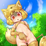 1girl absurdres animal_hat arm_behind_back bangs bell blonde_hair blue_sky blush cloud commentary_request commission covering covering_crotch cowboy_shot day eyebrows_visible_through_hair fang flat_chest fox_girl fox_hat fox_tail halter_top halterneck hat highres holding holding_staff looking_at_viewer looking_down moonlight_flower navel open_mouth outdoors ragnarok_online red_eyes reward_available sakurabe_notos second-party_source shaded_face short_hair skeb_commission skin_fang sky solo staff tail tree 