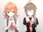  2girls ahoge arashi_(kancolle) bangs black_gloves black_serafuku black_vest braid brown_hair chagen_kokimu closed_eyes closed_mouth fingerless_gloves gloves hair_flaps hair_ornament kantai_collection long_hair multiple_girls red_hair red_neckwear remodel_(kantai_collection) sailor_collar school_uniform serafuku shigure_(kancolle) shirt short_sleeves simple_background single_braid smile upper_body vest white_gloves white_shirt 