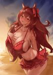  1girl absurdres animal_ears bare_arms bare_shoulders beach bikini bow breasts brown_eyes brown_hair cleavage collarbone cowboy_shot daiwa_scarlet_(umamusume) frilled_bikini frills hair_bow hair_intakes highres horse_ears horse_girl huge_filesize joker0744g large_breasts light_smile long_hair looking_at_viewer official_alternate_costume parted_lips red_bikini red_bow solo sunset swimsuit umamusume very_long_hair wet 