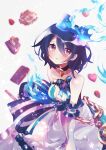  1girl alice_(sinoalice) apron bad_id bad_twitter_id blue_hair blush bow cake chain chocolate choker cleavage_cutout closed_mouth clothing_cutout dress elbow_gloves food gloves hair_bow looking_at_viewer pocket_watch pout red_eyes simple_background sinoalice sinochihara solo watch white_background 