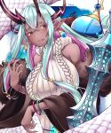  1girl absurdres aqua_hair bangs bare_shoulders black_coat blush breasts coat colored_skin earrings eyeliner fate/grand_order fate_(series) fur_trim gourd grey_skin hair_between_eyes highres horns ibuki_douji_(fate) jewelry kokoa_10701 large_breasts licking_lips long_hair long_sleeves looking_at_viewer magatama makeup multicolored_hair off_shoulder oni oni_horns pink_hair pointy_ears red_eyes ribbed_sweater sidelocks sleeveless sleeveless_sweater smile snake solo sweater sword tail tongue tongue_out turtleneck turtleneck_sweater weapon wide_sleeves 