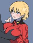  1boy 1girl bangs blonde_hair blue_background blue_eyes blush braid breast_grab darjeeling_(girls_und_panzer) eyebrows_visible_through_hair girls_und_panzer grabbing hetero highres onsen_tamago_(hs_egg) open_mouth paizuri paizuri_under_clothes short_hair solo_focus st._gloriana&#039;s_military_uniform tied_hair twin_braids 