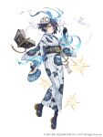  1girl :o alice_(sinoalice) bangs blue_gloves blue_hair blue_legwear book bunny flip-flops floating full_body gloves hair_between_eyes hand_fan headband holding holding_fan japanese_clothes ji_no kimono long_sleeves looking_at_viewer mask official_art open_mouth red_eyes sandals short_hair simple_background sinoalice smoke solo white_background white_kimono 