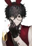  1boy absurdres alcohol amamiya_ren animal_ears black-framed_eyewear black_bow black_eyes black_gloves black_hair bow bowtie btmr_game champagne champagne_flute cup drinking_glass fake_animal_ears glasses gloves hairband highres holding holding_cup long_sleeves male_focus one_eye_closed persona persona_5 red_hairband red_vest shirt simple_background sleeve_cuffs smile solo star_(symbol) upper_body vest white_background white_shirt 