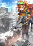  1girl absurdres blush boots chelsea_(neural_cloud) cityscape cloud cloudy_sky fire firefighter firefighter_jacket full_body giant giantess girls&#039;_frontline girls&#039;_frontline_neural_cloud gloves goggles goggles_on_head hanabusaraleigh highres holding holding_hose hose jacket long_sleeves orange_hair orange_jacket sky solo standing thighhighs twintails yellow_eyes 