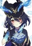  1girl alice_(sinoalice) ascot bad_id bad_twitter_id black_gloves black_hair blush cape claws eyebrows_visible_through_hair feathers gloves hat puffy_short_sleeves puffy_sleeves red_eyes short_hair short_sleeves sinoalice sinochihara solo tattoo white_background 