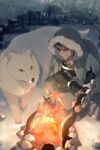  1boy animal black_gloves blue_capelet blue_hair campfire capelet commentary_request cu_chulainn_(caster)_(fate) cu_chulainn_(fate) earrings echo_(circa) english_text fate/grand_order fate_(series) fingerless_gloves fire fish food fur-trimmed_hood fur_trim gauntlets gloves hood hood_up hooded_capelet jewelry male_focus outdoors red_eyes sitting smile teeth twitter_username white_wolf wolf yellow_eyes 
