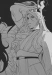  2boys absurdres back_arrow blue_eyes bracelet feather_fan futuzheyenpi_(thermal) greyscale hand_fan headwear highres holding holding_fan jewelry kai_rhodan long_hair low-tied_long_hair monochrome multiple_boys muscular muscular_male red_eyes robe shu_bi standing very_long_hair 