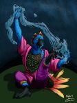 absurd_res anthro armor avian avian_feet beak bird blue_body boper9 dipstick_feathers elemental_manipulation feathered_tail feathers gyrotech head_feathers healing_magic hi_res ka&#039;lam&#039;holn&#039;qui&#039;ke multicolored_eyes orange_body parrot rainbow_eyes speckled_body tail water_manipulation