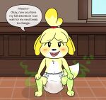 animal_crossing anthro blush canid canine canis clothed clothing crouching diaper diaper_fetish diaper_only digital_media_(artwork) domestic_dog english_text feces female fur hair hi_res hydroftt isabelle_(animal_crossing) mammal nintendo soiled_diaper solo stink_fumes text topless unclean_diaper used_diaper wearing_diaper yellow_body yellow_fur