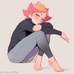  1girl absurdres amanda_o&#039;neill anklet barefoot black_panties black_sweater denim feet green_eyes highres jeans jewelry little_witch_academia looking_at_viewer multicolored_hair orange_hair panties panties_around_one_leg pants pudgeruffian sitting skin_tight solo sweater toes underwear 