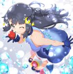  1girl ;) bangs bare_arms beads blue_dress blue_footwear blue_gloves blurry closed_mouth commentary_request crescent crescent_hair_ornament dawn_(pokemon) dress eyebrows_visible_through_hair eyelashes floating_hair gloves gradient_dress grey_eyes grey_hair hair_ornament high_heels holding holding_poke_ball kohsaka_jun long_hair one_eye_closed poke_ball pokemon pokemon_(anime) pokemon_swsh_(anime) shiny shiny_skin sidelocks sleeveless sleeveless_dress smile sparkle 