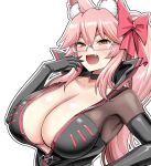  1girl animal_ear_fluff animal_ears bangs black_bodysuit blush bodysuit bow breasts center_opening choker cleavage elbow_gloves fang fate/grand_order fate_(series) fox_ears fox_girl fox_tail glasses gloves hair_between_eyes hair_bow highres kanno_takanori koyanskaya_(fate) large_breasts long_hair looking_at_viewer open_mouth pink_bow pink_hair ponytail sidelocks smile solo tail tamamo_(fate) yellow_eyes 