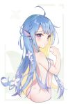  1girl ass bangs blue_hair breasts closed_mouth completely_nude flower hair_flower hair_ornament head_fins highres long_hair looking_at_viewer mishuo_(misuo69421) nude original pink_eyes pout small_breasts solo very_long_hair 