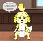 animal_crossing anthro blush canid canine canis clean_diaper clothed clothing crouching diaper diaper_fetish diaper_only digital_media_(artwork) domestic_dog english_text female fur hair hi_res hydroftt isabelle_(animal_crossing) mammal nintendo rumbling_stomach solo text topless wearing_diaper yellow_body yellow_fur