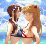  2girls asymmetrical_docking bikini bikini_top blue_eyes blush breast_contest breast_envy breast_press brown_hair cloud cloudy_sky glasses hairband long_hair looking_at_another makinami_mari_illustrious multiple_girls neon_genesis_evangelion ocean orange_hair rebuild_of_evangelion sky souryuu_asuka_langley summer swimsuit teeth to_l1206 yuri 