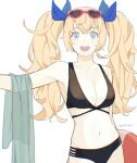  1girl alternate_costume bangs bare_arms bare_shoulders bikini black_bikini blonde_hair blue_eyes blue_ribbon blush breasts cleavage commentary_request cowboy_shot eyebrows_visible_through_hair eyewear_on_head gambier_bay_(kancolle) hair_between_eyes hair_ribbon heart heart-shaped_eyewear highres ichiroku_(sakumogu-029) kantai_collection large_breasts lifebuoy long_hair looking_at_viewer navel open_mouth ribbon simple_background smile solo sunglasses swimsuit twintails white_background 