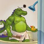  1:1 2023 alligator alligatorid angry anthro bathtub belly biceps chonkyjohn crocodilian hi_res in_bathtub male manly musclegut muscular nipples pecs reptile rubber_duck scalie scrub_brush shower_head slightly_chubby solo standing swampy_(where's_my_water?) towel towel_around_waist towel_only triceps water_drop where's_my_water? 