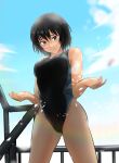 1girl amagami black_eyes black_hair black_swimsuit breasts closed_mouth cloud cloudy_sky competition_swimsuit highres light_rays looking_at_viewer medium_breasts nanasaki_ai one-piece_swimsuit outdoors short_hair sky smile solo swimsuit ykh1028 