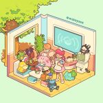  1boy 2girls ^_^ absurdres apron arm_up backpack bag bandaid baseball_cap blue_flower blue_shorts blue_skin bulbasaur caterpie caterpillar chansey clipboard closed_eyes coffee coffee_mug colored_skin commentary computer cup dark-skinned_female dark_skin dress english_commentary first_aid_kit flower flower_pot green_background green_shirt green_skin hair_ornament hairclip hat highres holding holding_clipboard holding_tray horns joy_(pokemon) juliet_sleeves leaf long_sleeves looking_at_another monitor mug multiple_girls nurse_cap oddish open_mouth pink_dress pink_hair pink_skin plant pointing poke_ball pokemon pokemon_(creature) pokemon_center pokemon_dppt pokemon_rgby potted_plant psyduck puffy_sleeves red_flower red_horns riolu shirt short_sleeves shorts sitting starly table tray tree twitter_username walayssa white_apron white_footwear yellow_shirt yellow_skin 