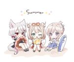  3girls animal_ears ball bangs beachball bikini bikini_top blonde_hair blue_skirt chae_ara chibi double_bun elreyiens eyebrows_visible_through_hair fox_ears fox_girl fox_tail green_eyes innertube lee_siu looking_at_viewer multiple_girls nijisanji nijisanji_kr one_eye_closed purple_eyes red_eyes sand sitting skirt so_nagi swimsuit tail tied_hair virtual_youtuber white_bikini 