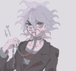  1boy :d bangs black_jacket body_writing chain collarbone commentary_request danganronpa_(series) danganronpa_another_episode:_ultra_despair_girls facial_mark grey_eyes grey_hair grey_shirt hair_between_eyes hand_up jacket komaeda_nagito leather leather_jacket long_sleeves looking_at_viewer male_focus medium_hair messy_hair open_mouth pale_skin red_shirt shenmu_(nyx_0) shirt simple_background sketch smile solo striped striped_shirt translation_request upper_body white_background 