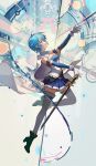  1girl blue_eyes blue_hair cape ciloranko commentary gloves highres magical_girl mahou_shoujo_madoka_magica miki_sayaka short_hair skirt solo sword thighhighs weapon white_gloves white_legwear 