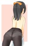  1girl ass back black_hair black_legwear border bow clothes_pull commentary cowboy_shot crotch_seam facing_away hair_bow highres medium_hair orange_bow original outside_border panties panties_under_pantyhose pantyhose pink_background retsumaru shirt shirt_pull solo standing topless underwear undressing white_border white_shirt 