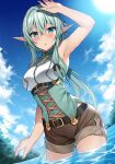  1girl arm_up armpits bangs bare_arms belt black_belt blue_sky breasts brown_shorts cloud cowboy_shot crossed_bangs day elf goblin_slayer! green_eyes hair_between_eyes high_elf_archer_(goblin_slayer!) long_hair looking_at_viewer low_ponytail outdoors parted_lips pointy_ears short_shorts shorts sky solo sun thighs very_long_hair wading water wet xe_(execut3r) 